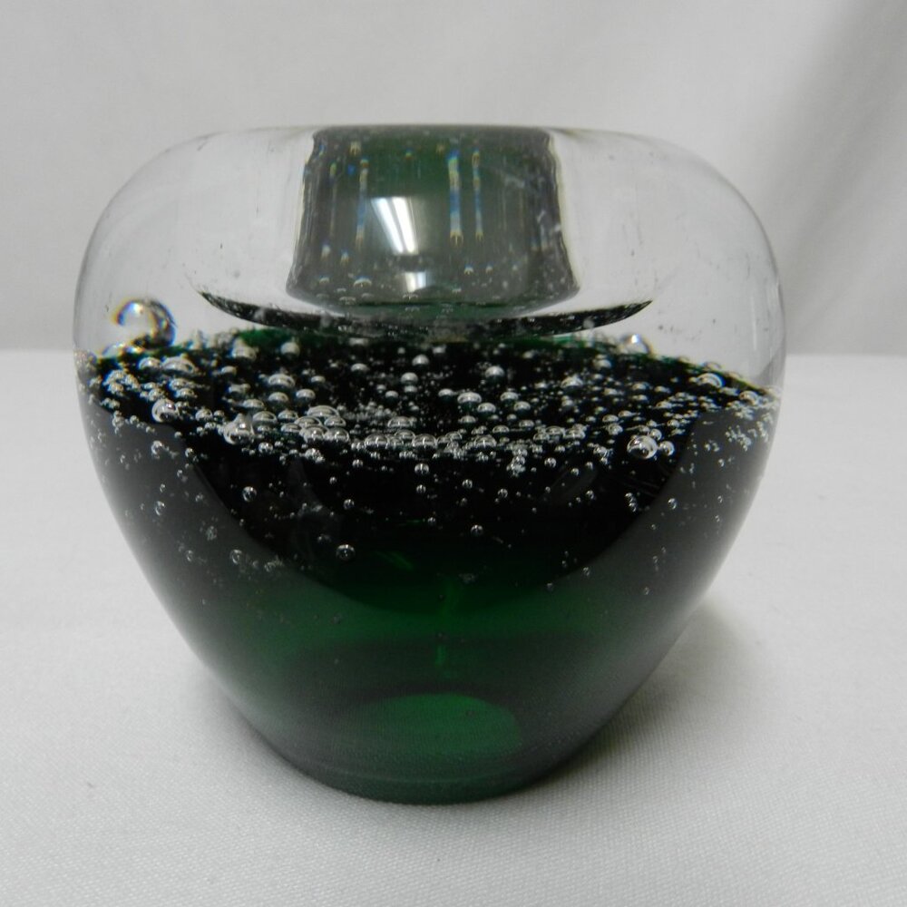 Vintage Poland green Controlled Bubble Tealight candle holder Art Glass 1.5 lbs